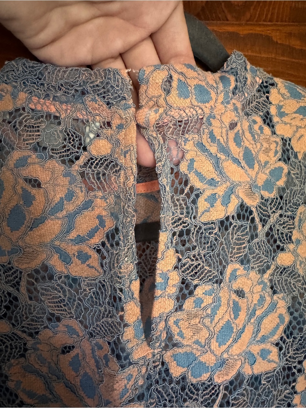 LOFT Blue Lace Floral Long-Sleeve Blouse with Peach Underlay - Picture 8 of 9